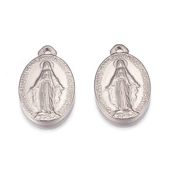 304 Stainless Steel Pendants, Oval with Virgin Mary, Miraculous Medal, Stainless Steel Color, 21x13x2mm, Hole: 2mm