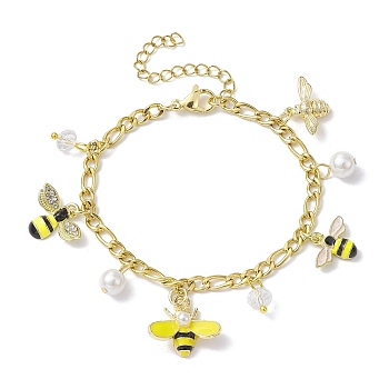 Shell Pearl & Alloy Enamel Bees Charm Bracelet, with 304 Stainless Steel Figaro Chains, Golden, 6-3/4 inch(17.2cm)