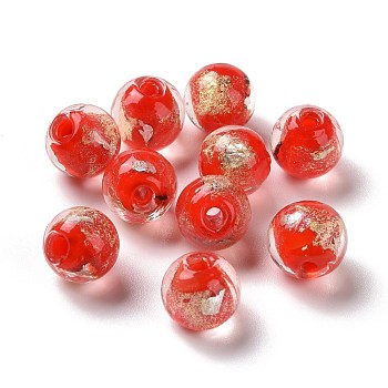 Handmade Gold Foil Lampwork Glass Beads, Round, Red, 8mm, Hole: 1.4mm