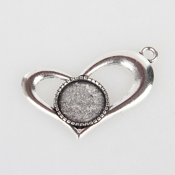 Vintage Tibetan Style Alloy Open Heart Pendant Cabochon Bezel Settings, Cadmium Free & Lead Free, Antique Silver, Flat Round Tray: 14mm, 28x41x2mm, Hole: 3mm