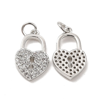 Brass Micro Pave Clear Cubic Zirconia Pendants, with Jump Ring, Heart Lock Charm, Platinum, 17.5x10.5x2.5mm, Hole: 3.5mm