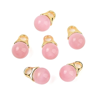 Cat Eye Pendants, with Real 18K Gold Plated Brass Findings, Teardrop, Pearl Pink, 13x8mm, Hole: 3mm