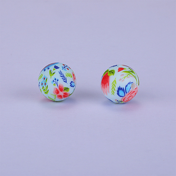 Printed Round with Flower Pattern Silicone Focal Beads, Light Cyan, 15x15mm, Hole: 2mm