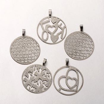 Mixed Filigree Flat Round304 Stainless Steel Textured Pendants, Stainless Steel Color, 39x36x1mm, Hole: 3x5mm