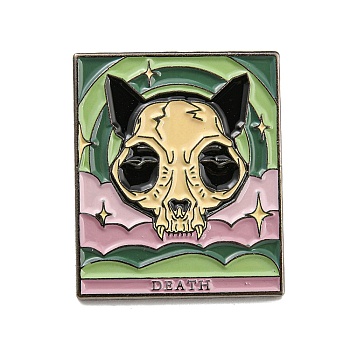 Cat Theme Tarot Card Enamel Pins, Gunmetal Alloy Brooches for Backpack Clothes, Word Death, Cat Skull, 30.5x25.5x2mm