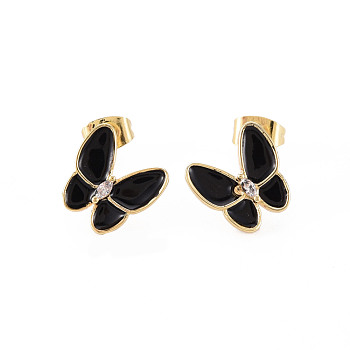 Brass Micro Pave Clear Cubic Zirconia Stud Earrings, with Enamel and Ear Nuts, Cadmium Free & Nickel Free & Lead Free, Butterfly, Real 16K Gold Plated, Black, 11x11.5mm, Pin: 0.8mm