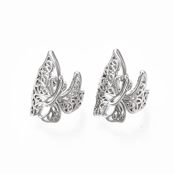 Brass Cuff Earrings, Nickel Free, Butterfly, Real Platinum Plated, 17x9mm