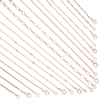 Elite 10Pcs 10 Styles Brass Paperclip & Cable & Box & Satellite & Bar Link Chain Necklaces Set, Rose Gold, 17.71~17.91 inch(45~45.5cm), 1Pc/style