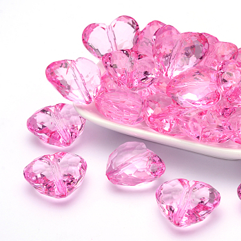 Transparent Acrylic Beads, Faceted Heart, Hot Pink, about 25mm long, 28.5mm wide, 16mm thick, hole: 3mm