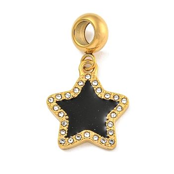 Ion Plating(IP) 304 Stainless Steel Pave Crystal Rhinestone European Dangle Charms, Star Large Hole Pendants with Enamel, Golden, Black, 28mm, Hole: 4.5mm, Star: 18x15.5x2mm