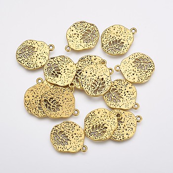 Tibetan Style Alloy Pendants, Cadmium Free & Nickel Free & Lead Free, Flat Round with Leaf, Antique Golden, 22x18x1mm, Hole: 1mm