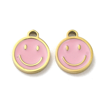 Ion Plating(IP) 316L Surgical Stainless Steel Charms, with Enamel, Real 18K Gold Plated, Flat Round with Smiling Face Charm, Pink, 9.5x8x1.5mm, Hole: 1mm