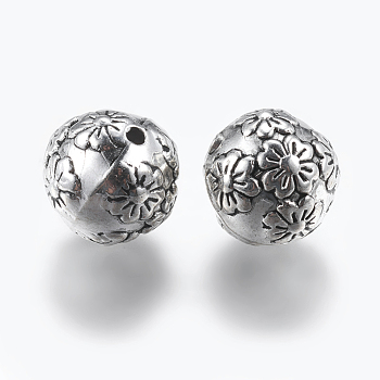 CCB Plastic Beads, Round with Flower, Antique Silver, 13mm, Hole: 2mm
