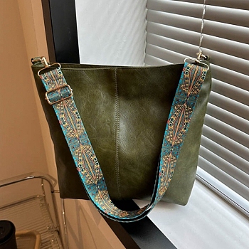 Imitation Leather Crossbody Tote Bag, Retro Shoulder Bag, Women's Fashion Handbag, Dark Olive Green, 31.5x25.5x10cm