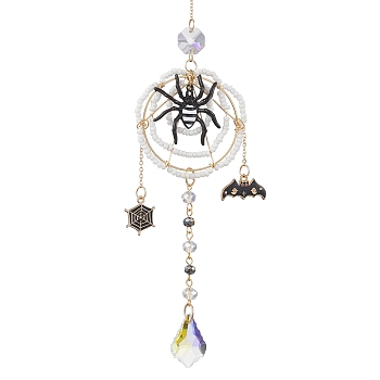 Halloween Wire Wrapped Glass Beads & Alloy Enamel Spider Hanging Ornaments, Leaf Tassel for Home Decorations, Black, 261mm, spider: 256x57x8mm