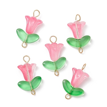 Glass Connector Charms, Flower Links with Golden Plated 304 Stainless Steel Double Loops , Hot Pink, 23x14x6mm, Hole: 2.7mm and 1.8mm