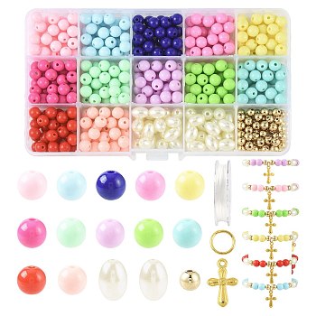 DIY Bracelet Making Kits, including Acrylic Beads, ABS Plastic Imitation Pearl Beads, CCB Plastic Beads, Iron Open Jump Rings, Alloy Pendants, Elastic Thread, Mixed Color, 8x7mm, Hole: 2mm, 12 colors, 30pcs/color, 360pcs