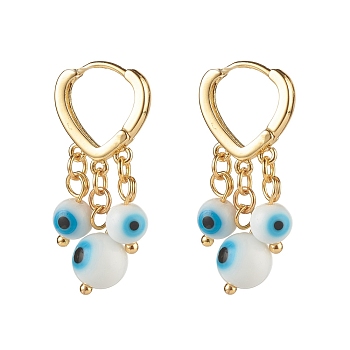 Evil Eye Lampwork Round Beads Dangle Hoop Earrings, Brass Heart Earrings for Girl Women, Golden, White, 31x15mm, Pin: 1mm