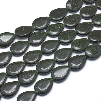 Synthetic Green Goldstone Beads Strands, Teardrop, 18x13x4mm, Hole: 1mm, about 22pcs/strand, 15.3 inch(39cm)