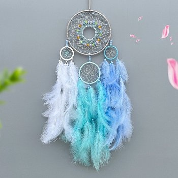 Woven Web/Net with Feather Decorations, with Iron Ring, for Home Bedroom Hanging Decorations, Light Sky Blue, 730mm