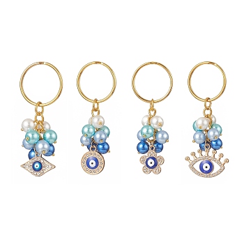 Glass Pearl Keychain, with Iron Findings, Evil Eye, Golden, 6.4~7.3cm, 4pcs/set