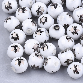 Autumn Theme Electroplate Glass Beads, Round with Maple Leaf Pattern, Coconut Brown, 8~8.5mm, Hole: 1.5mm