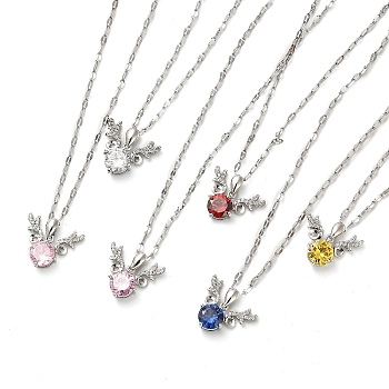 Deer Platinum Brass Micro Pave Cubic Zirconia Pendant Necklaces, with Glass, Mixed Color, 15.55 inch(39.5cm)