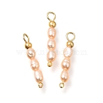 Natural Freshwater Pearl Beaded Pendants, Rice Charms, with Brass Findings, Real 18K Gold Plated, Light Salmon, 22x3.5mm, Hole: 2.5mm(PA-CBAF2FA-01G)