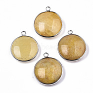 Natural Crackle Agate Pendants, with Platinum Plated Brass Findings, Dyed & Heated, Flat Round, Light Khaki, 27~28x23~24x7~9.5mm, Hole: 2mm(G-N326-87A-12)