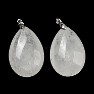 Natural Quartz Crystal Pendants, Rock Crystal Pendants, Teardrop Charms, with Rack Plating Platinum Plated Brass Pinch Bails, Lead Free & Cadmium Free, 41~42x23~24x13~14.5mm, Hole: 4x3.5mm(G-H291-02P-01)