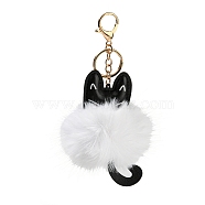 Cute Cat PU Leather & Imitate Rex Rabbit Fur Ball Keychain, with Alloy Clasp, for Bag Car Key Decoration, White, 18cm(KEYC-C005-01B)