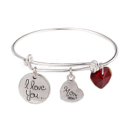 Mother's Day Adjustable Silver Plated Brass Charm Bangles Expandable Bangles, with Alloy and Glass Pendants, Red, 64mm(BJEW-JB02006)