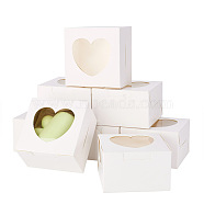 Square Paper Biscuit Boxes with Heart Clear Window, for Party, Wedding, Bakery Box, White, 10x10x6.5cm, Window: 62x70mm(CON-TAC0001-12C-01)