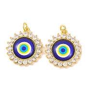 Rack Plating Brass Micro Pave Cubic Zirconia Pendants, with Glass, Long-Lasting Plated, Flower with Evil Eye, with Jump Ring, Real 18K Gold Plated, Dark Blue, 23x20x5mm(KK-H486-21G-01)