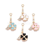 Rack Plating Alloy Rhinestone Pendants, with Enamel, Eiffel Tower with Flower, Golden, 24.5x14.5x3mm, Hole: 1.8mm(FIND-N005-25G)