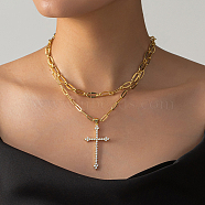 2Pcs Cross Brass Cubic Zirconia Pendant Necklaces, Stainless Steel Dapped Chain Necklace Sets for Women, Daily Holiday Wear, Golden, 15.75~19.69 inch(40~50cm)(FF7844)