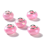 Opaque Brass Cores Acrylic European Beads, Rondelle, Large Hole Bead, Faceted, Silver, Pearl Pink, 15x9mm, Hole: 5mm(OACR-M024-03S-11)