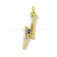 Brass Micro Pave Cubic Zirconia Pendants, Real 18K Gold Plated, Lightning Bolt Charms, Colorful, 20x5x2mm, Hole: 3mm(KK-M283-29B-02)