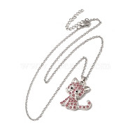 Alloy Rhinestone Cat Pandant Necklace with Cable Chains, Stainless Steel Jewelry for Women, Pink, 17.83 inch(45.3cm)(NJEW-K248-01P-02)