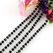 Handmade Brass Beaded Chains, Soldered, with Spool with Faceted Round Glass Beads, Raw(Unplated), Black, 4mm, about 32.8 Feet(10m)/roll(CHC-R118-07)