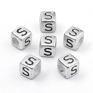 Plated Acrylic Beads, Horizontal Hole, Cube with Letter, Antique Silver, Letter.S, 6mm, Hole: 3mm, about 3000pcs/500g(PB43C9308-S)