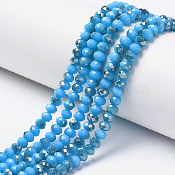 Electroplate Opaque Glass Beads Strands, Half Gray Plated, Faceted, Rondelle, Deep Sky Blue, 8x6mm, Hole: 1mm, about 65~68pcs/strand, 15.7~16.1 inch(40~41cm)(EGLA-A034-P8mm-E19)