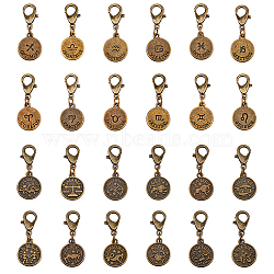 4 Sets 12 Constellations Flat Round Alloy Pendants Decoration, Zinc Alloy Lobster Claw Clasps Charms, Antique Bronze, 30.5mm, 12pcs/set(HJEW-FH0001-37)