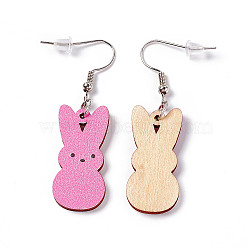 Rabbit Wooden Dangle Earrings, Platinum Tone Iron Earring with Ear Nut for Women, Hot Pink, 52mm, Pin: 0.7mm, Pendant: 31x14.5x2.7mm(EJEW-D189-01C)
