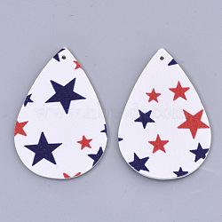 Independence Day Theme, PU Leather Big Pendants, Double Sided, teardrop, with Star Pattern, White, 56x37x1.5mm, Hole: 1.8mm(X-FIND-R074-03C)