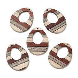 Wenge Wood & Sandalwood & White Ash Pendants, Teardrop Charms, Colorful, 37x28x3.5mm, Hole: 2mm, Inner Diameter: 18x14mm(WOOD-F013-04)