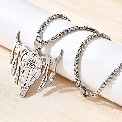 Punk Style 304 Stainless Steel Laser Cut Cattle Head Pendant Box Chain Necklaces for Women Men, Stainless Steel Color, 23.03 inch(58.5cm)(NJEW-E156-04P)