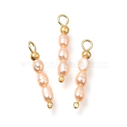 Natural Freshwater Pearl Beaded Pendants, Rice Charms, with Brass Findings, Real 18K Gold Plated, Light Salmon, 22x3.5mm, Hole: 2.5mm(PA-CBAF2FA-01G)