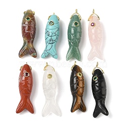 Natural & Synthetic Mixed Gemstone Carved Pendants, Fish Charms with Brass Micro Pave Cubic Zirconia Findings, Golden, 45.5x12.5x12mm, Hole: 1.6mm(G-P599-07G)