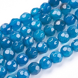 Natural Agate Beads Strands, Faceted, Round, Dyed, Dodger Blue, 4mm, Hole: 0.5mm, about 92pcs/strand, 14.7 inch(37.4cm)(G-P365-05-4mm)